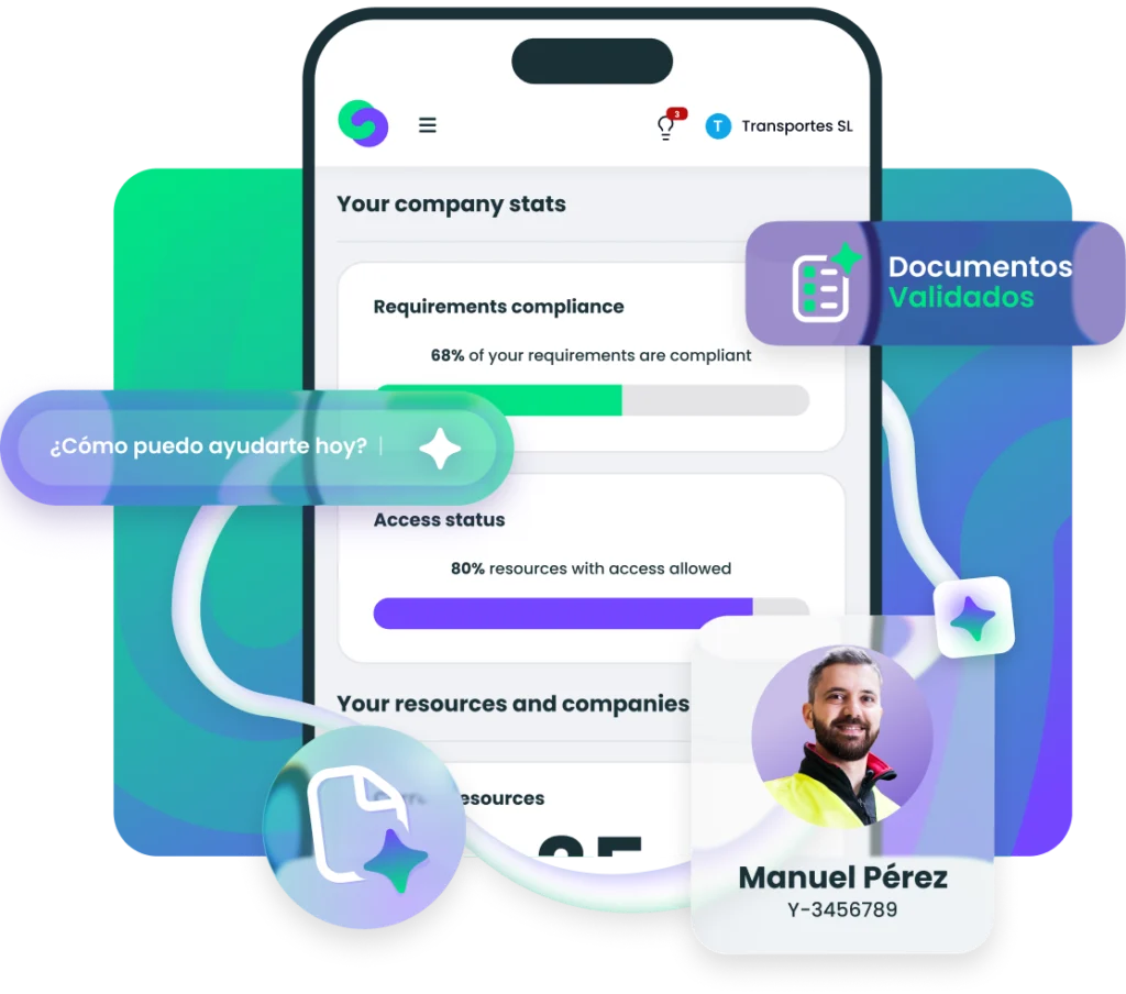 App móvil de Twind para la gestión documental y el control de accesos. Interfaz móvil de Twind con tablero de cumplimiento, documentos validados, asistente de IA y gafete digital para el control de accesos.