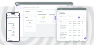 Interfaz del dashboard de Twind mostrando métricas de cumplimiento empresarial, control de acceso, proveedores activos y contratos en dispositivos móvil y desktop