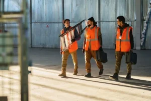 Tres trabajadores de distintas empresas concurrentes con chalecos reflectantes coordinando actividades en un mismo centro de trabajo industrial