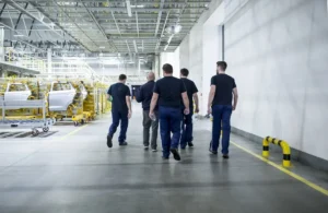Grupo de trabajadores de distintas empresas recorriendo una planta industrial automotriz como parte de la coordinación de actividades empresariales, con línea de producción y protecciones de seguridad visibles