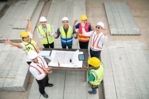 Grupo diverso de trabajadores con cascos de seguridad y chalecos reflectantes de diferentes colores celebrando juntos su colaboración en cultura preventiva, simbolizando la integración exitosa de contratistas en la seguridad laboral