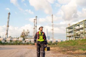Técnico con chaleco reflectante, casco y arnés de seguridad caminando en instalación industrial con torres de procesamiento, representando la importancia de la seguridad en la coordinación de actividades empresariales