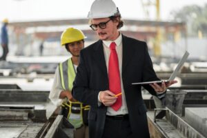 El inspector de trabajo controlando las instalaciones y el trabajo de los empleados en obra