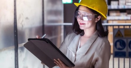 Profesional de seguridad revisando un checklist digital en entorno industrial