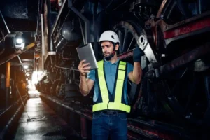 Técnico de prevención de riesgos laborales con casco y chaleco reflectante utilizando tablet digital para inspección en entorno industrial ferroviario