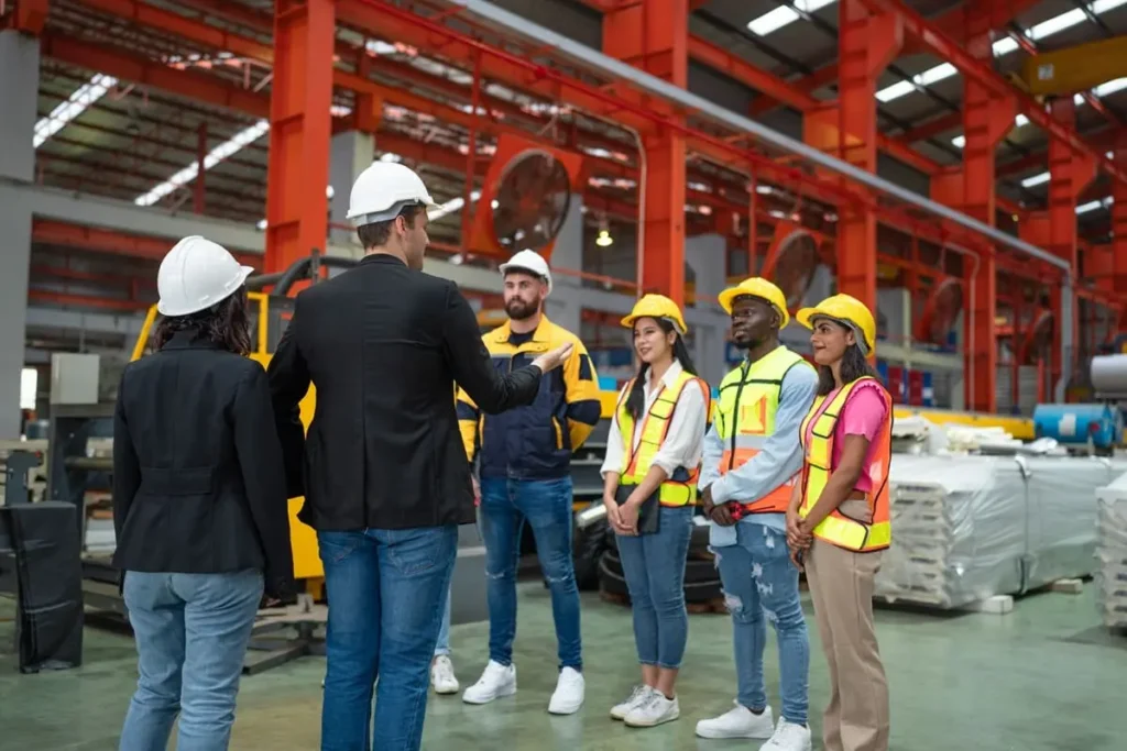 Equipo de trabajadores y visitante externo con cascos de seguridad en una fábrica durante coordinación de actividades empresariales (CAE)