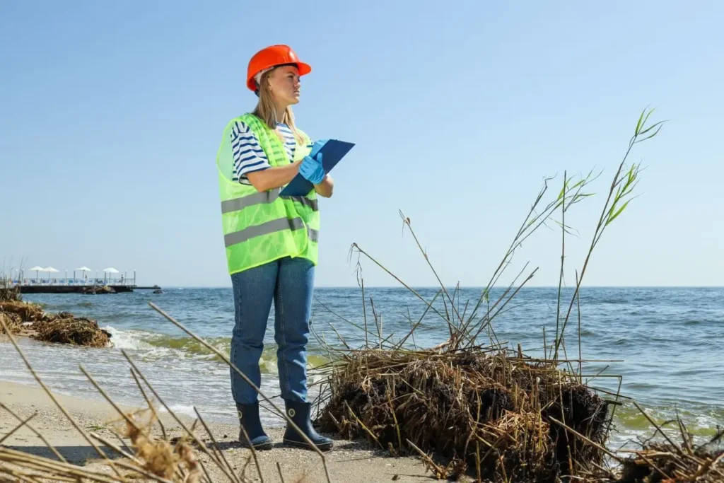 Cambios ISO 14001:2026: profesional realizando una inspección ambiental en zona costera