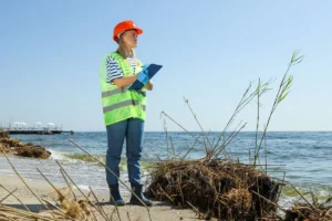 Cambios ISO 14001:2026: profesional realizando una inspección ambiental en zona costera