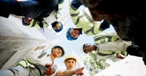 Equipo de contratistas con cascos y chalecos de seguridad coordinándose antes de acceder a planta: control de contratistas y permisos de trabajo