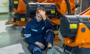 Trabajador de fábrica sentado en el suelo visiblemente estresado rodeado de maquinaria industrial