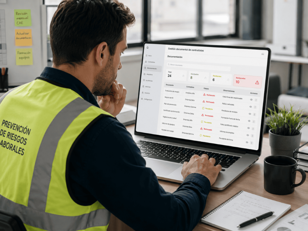 Técnico de prevención de riesgos laborales revisando en una plataforma digital varios documentos CAE rechazados de empresas contratistas.