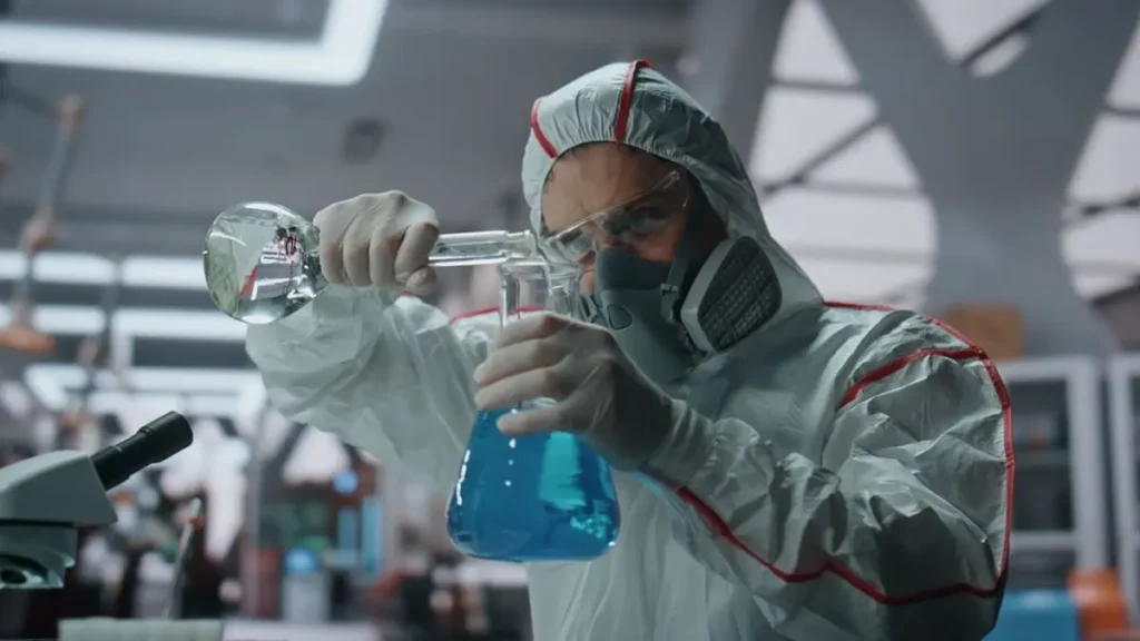 CAE en el sector químico - técnico con buzo de protección, gafas y mascarilla con filtros trasvasando un producto químico en laboratorio