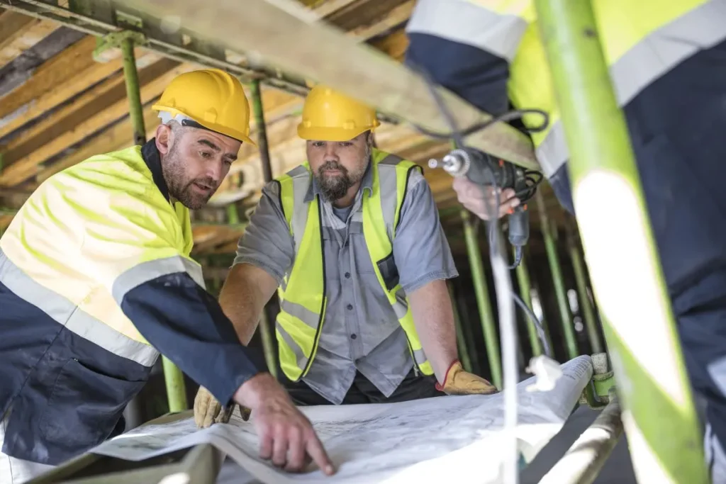 Dos operarios de la construcción revisando un plano en obra, ejemplo de cómo la inteligencia artificial en la CAE simplifica la gestión documental de los contratistas