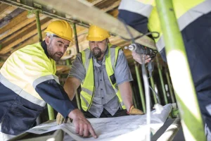 Dos operarios de la construcción revisando un plano en obra, ejemplo de cómo la inteligencia artificial en la CAE simplifica la gestión documental de los contratistas
