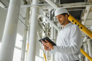 Alternativas a Nalanda para empresas - responsable de PRL revisando contratistas en una planta industrial