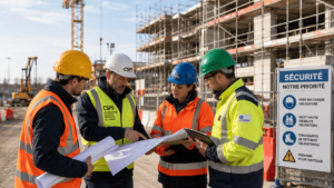 Coordonnateur CSPS animant une réunion de sécurité avec plusieurs entreprises sur un chantier de construction