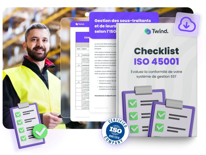 La checklist couvre tous les chapitres importants de l'ISO 45001, du contexte de l'organisation à l'amélioration continue. Parmi eux