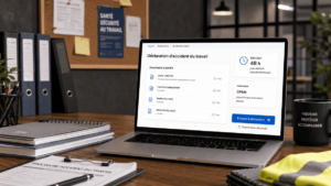 Responsable sécurité remplissant une déclaration d’accident du travail en ligne avec un rappel du délai légal de 48 heures et les documents à transmettre à la CPAM.