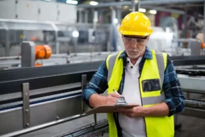 Ouvrier d'usine portant un équipement de protection individuelle et consultant un registre de sécurité, dans le cadre des obligations du droit du travail