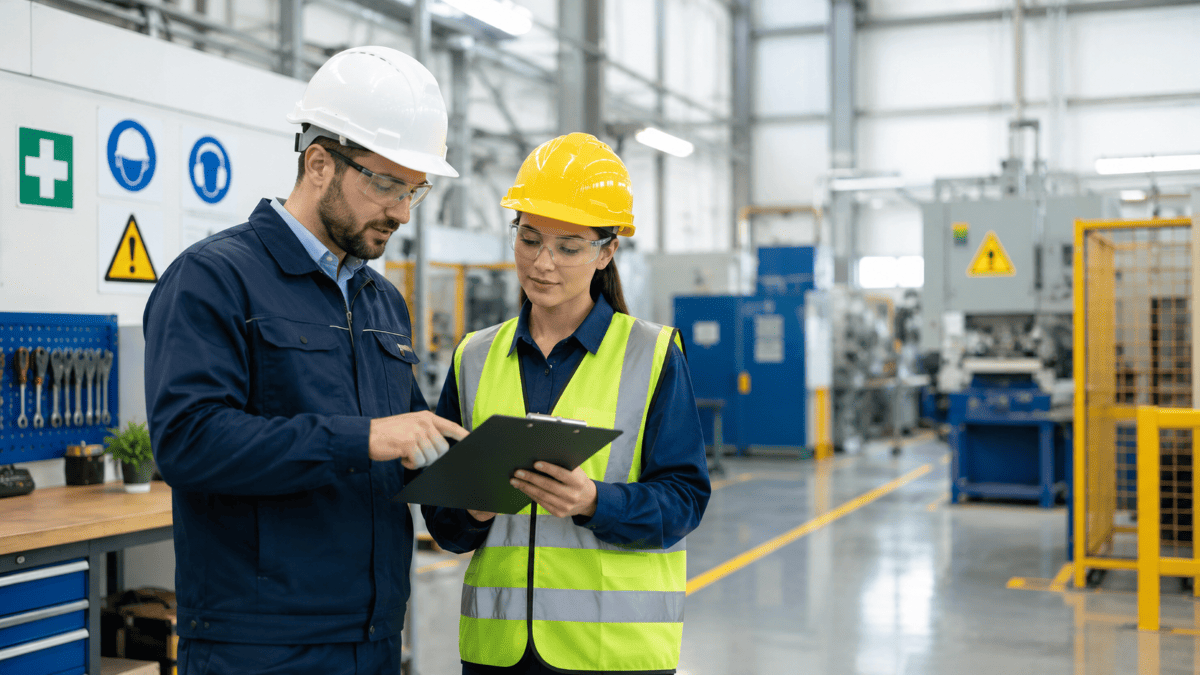 Responsable sécurité et travailleuse vérifiant une checklist de prévention des accidents du travail dans un environnement industriel