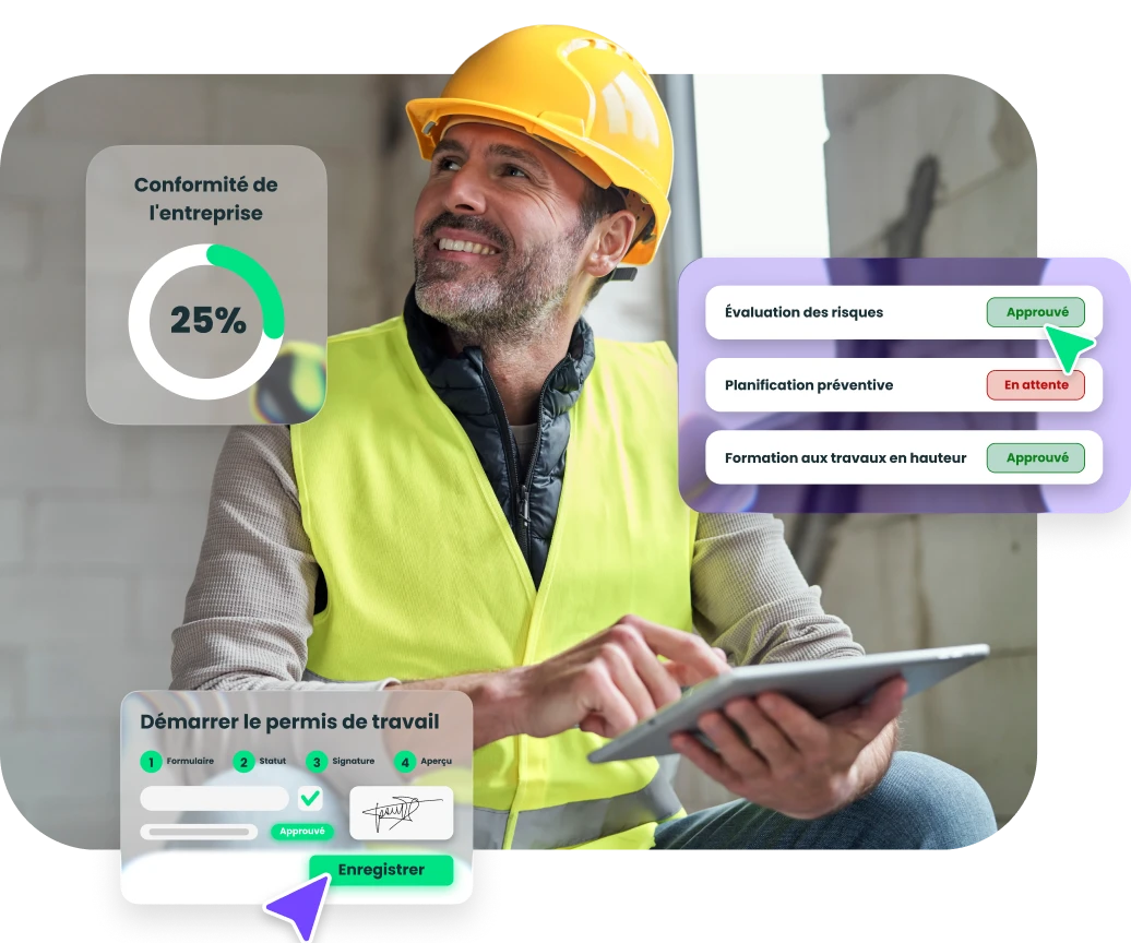 Twind : Plateforme de Gestion des Prestataires et Fournisseurs Professionnel avec casque vérifiant sur tablette l'état de conformité, les autorisations et la documentation des prestataires dans Twind