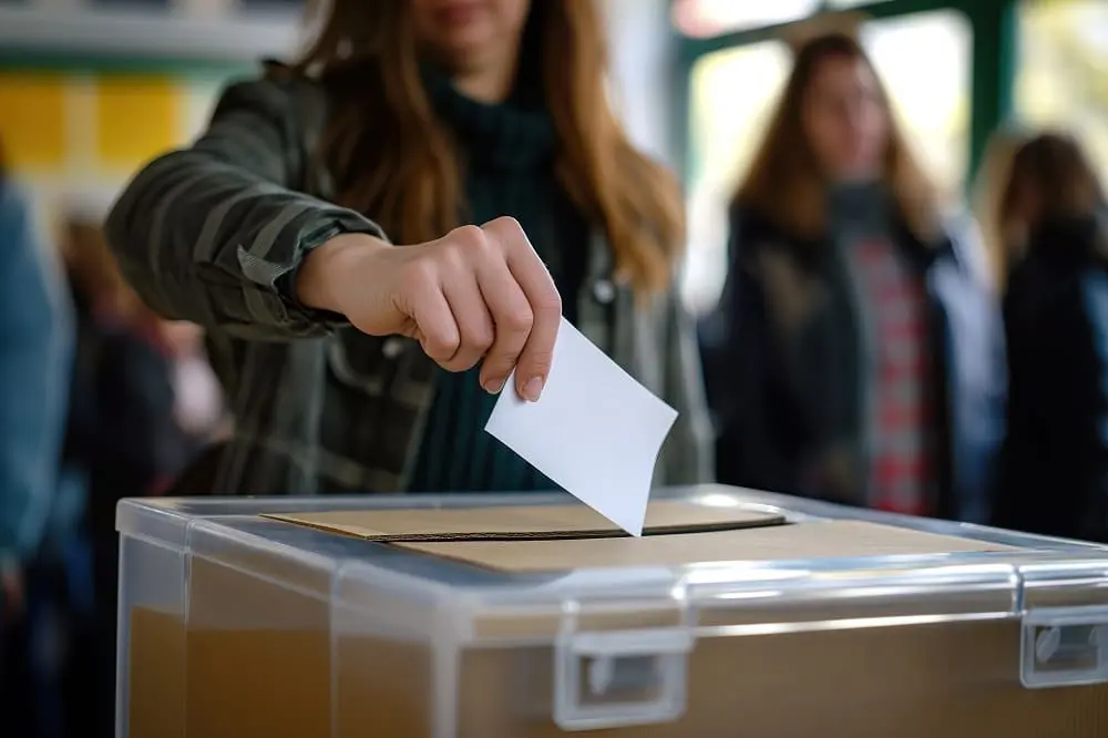 Urna elettorale con bandiera italiana per il referendum del 8-9 giugno 2025 sulla responsabilità del committente negli infortuni