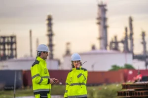 Due ispettori in alta visibilità con caschi di sicurezza conducono ispezione Seveso III in impianto industriale con torri di raffinazione sullo sfondo
