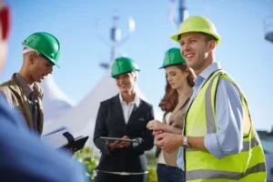 Program manager in casco giallo coordina team di progetto in cantiere industriale con tablet e documenti