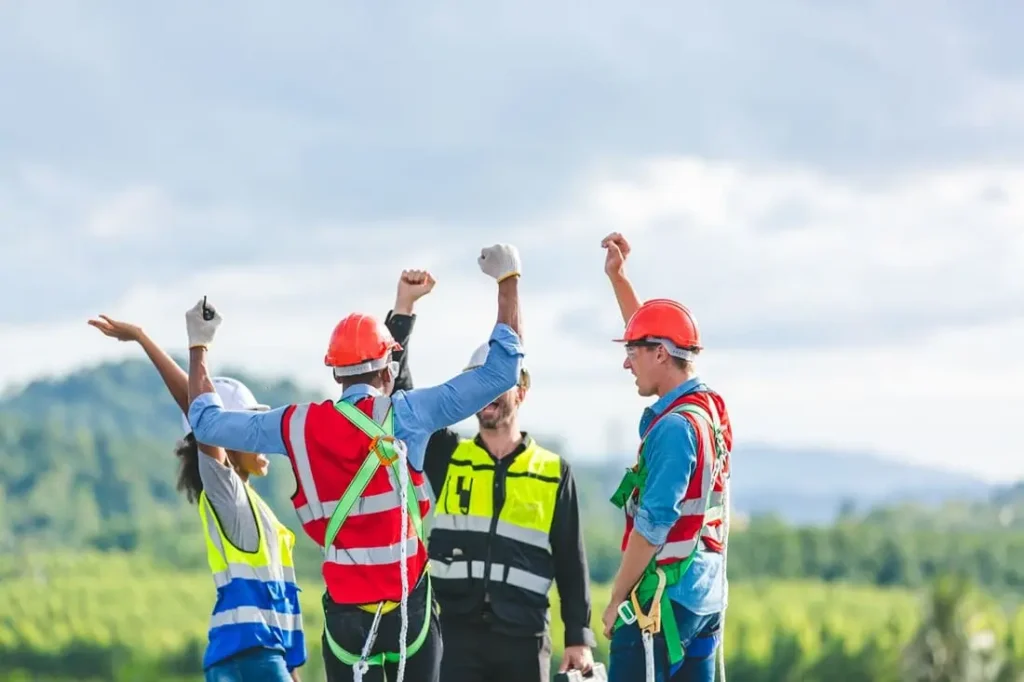 Gruppo di lavoratori diversificati che indossano dispositivi di protezione individuale in un ambiente di lavoro sicuro