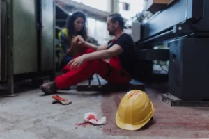 Lavoratore con casco e DPI in cantiere industriale per prevenzione infortuni sul lavoro