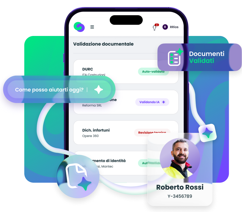 App smartphone di Twind per la gestione documentale ed il controllo degli accessi Interfaccia mobile di Twind con dashboard di conformità, documenti validati, assistente IA e badge digitale per il controllo degli accessi.