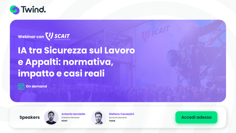 Poster del webinar di Twind: IA tra Sicurezza sul Lavoro e Appalti con Antonio Ianniello di SCAIT e Stefano Cavazzini di Twind