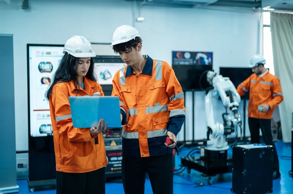 Tecnici HSE con laptop in ambiente industriale con braccio robotico e schermi digitali