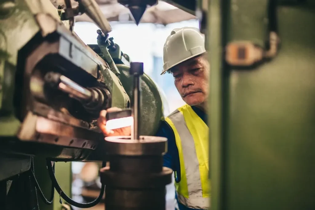 Ingeniero con casco y chaleco de seguridad realizando mantenimiento correctivo en equipo industrial