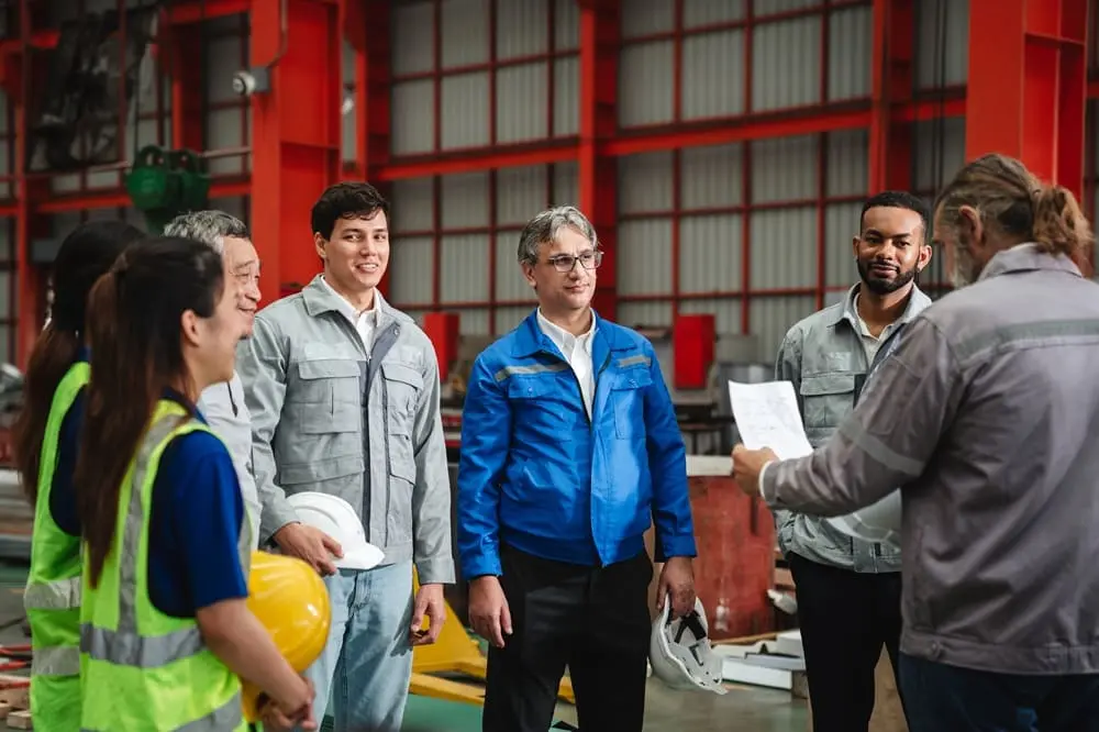 Equipo de profesionales de seguridad industrial con cascos y documentos REPSE en planta industrial mexicana durante capacitación de cumplimiento normativo