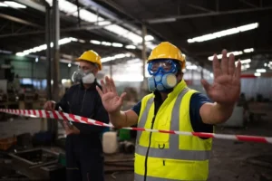 Profissional com EPI em ambiente de trabalho seguro, representando boas práticas de higiene e segurança no trabalho