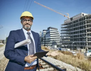 Coordenador de segurança em obra a realizar vistoria em estaleiro de construção em Portugal