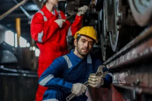 Trabalhadores de empresas externas com equipamentos de proteção em ambiente industrial coordenando atividades de manutenção