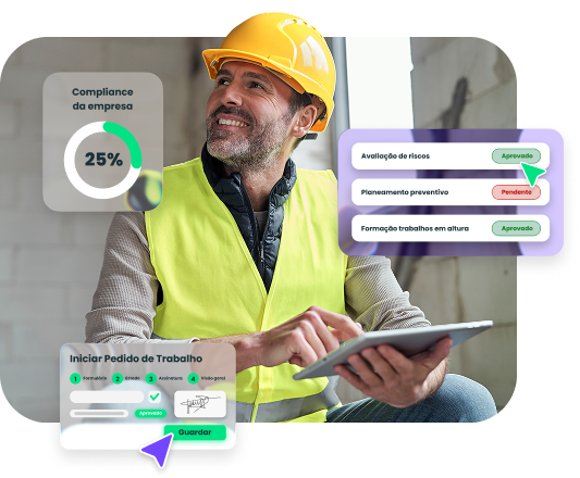 Profissional com capacete a verificar num tablet o estado e o compliance das licenças e documentação de empresas externas no Twind