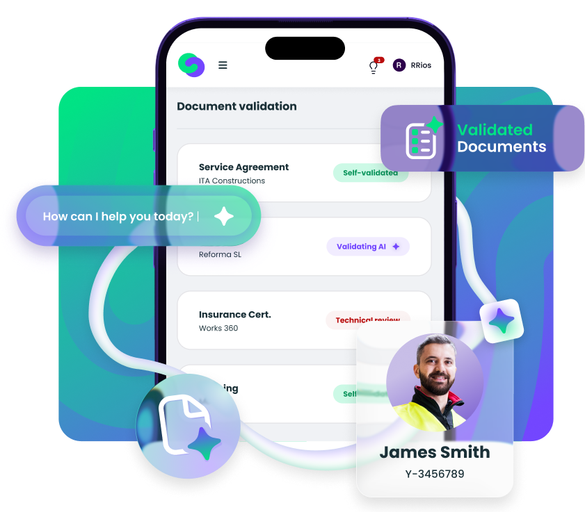 Twind's Business Activity Coordination software interface validating contractor documents with AI and displaying compliance status