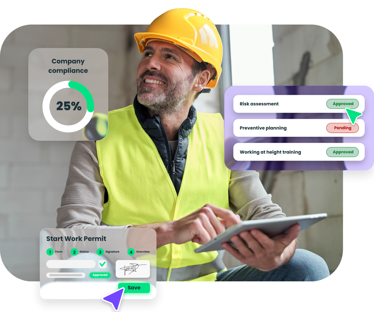 Worker wearing protective equipment using the Twind platform to manage documentation and work permits.
